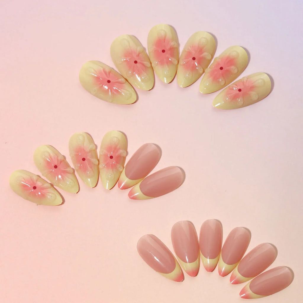Cartoon-style 3D flower press-on false nails with detachable armour pieces, jelly glue, and a file.