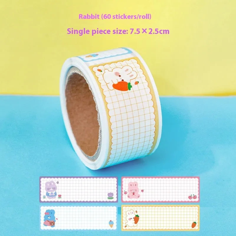 Roll of cartoon name tape stickers showing dinosaur, astronaut, rabbit, and girl design options