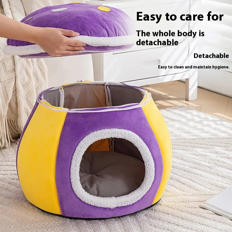 Grey mushroom-shaped plush cat nest with a canopy, shown detached to reveal its warm lining.