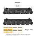 Black wall-mounted fishing rod holder stand in ABS plastic with self-tapping screws for upright or horizontal rod storage
