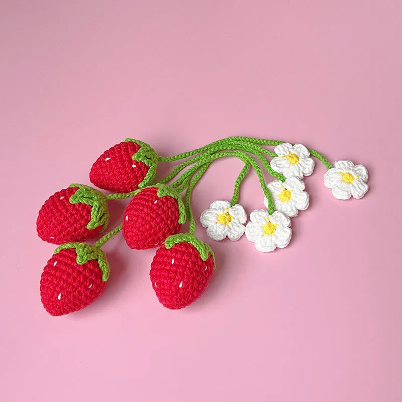 Wool crochet strawberry pendant necklace with knitted wool construction measuring 35cm