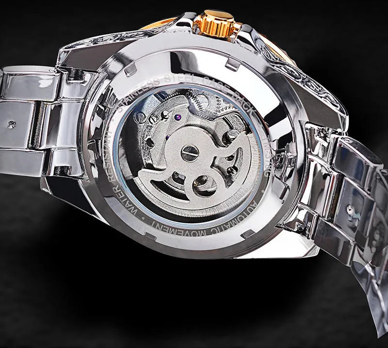 Forsining skeleton automatic mechanical watch with yellow stainless steel case showing visible movement