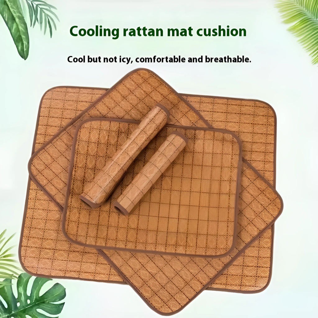 Brown rattan fibre summer cooling mat for dogs on wooden floor