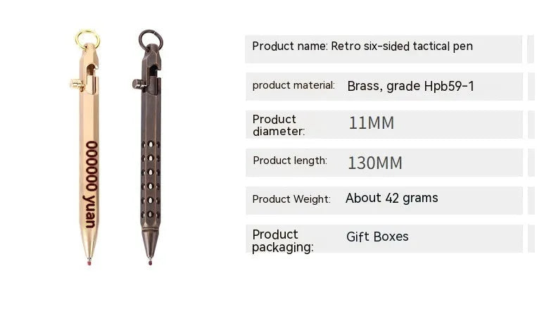 Brass hexagonal rollerball pen with 0.5mm tip and six-angle barrel design