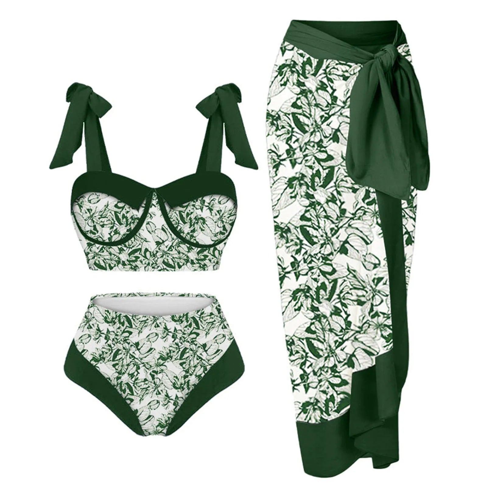 Women's pink printing split swimsuit three-piece set with separate skirt, bra and panties on mannequin