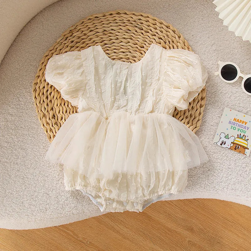 Baby triangle jumpsuit romper in apricot with pullover style and short sleeves