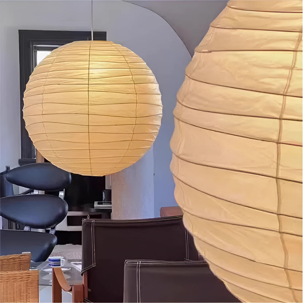 Japanese style rice paper pendant chandelier with soft glowing light.