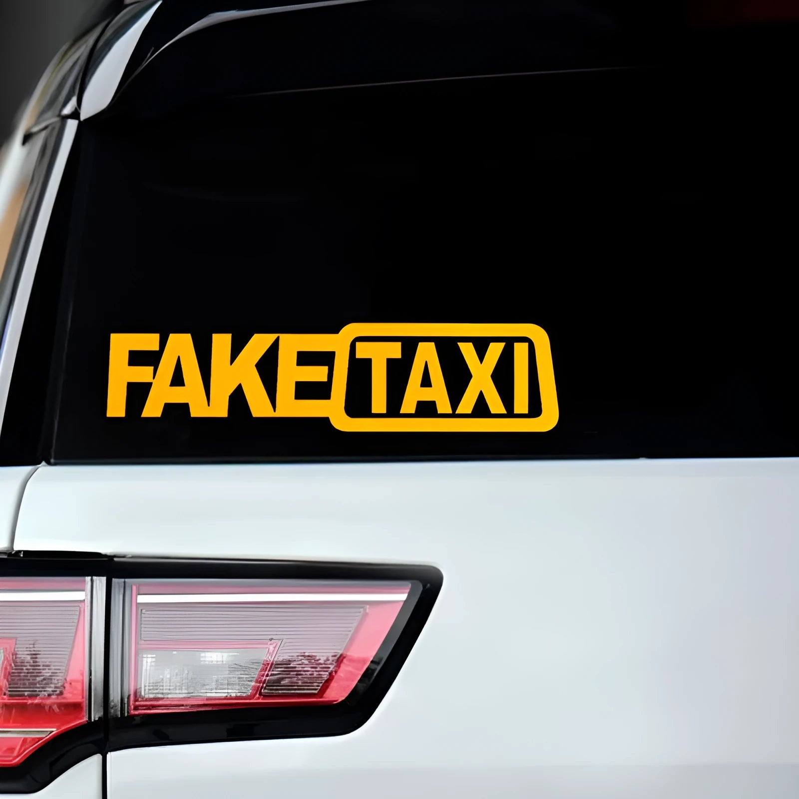 FAKE TAXI car warning sticker in black, white or yellow colour, 20 cm by 8 cm waterproof PET vehicle decal
