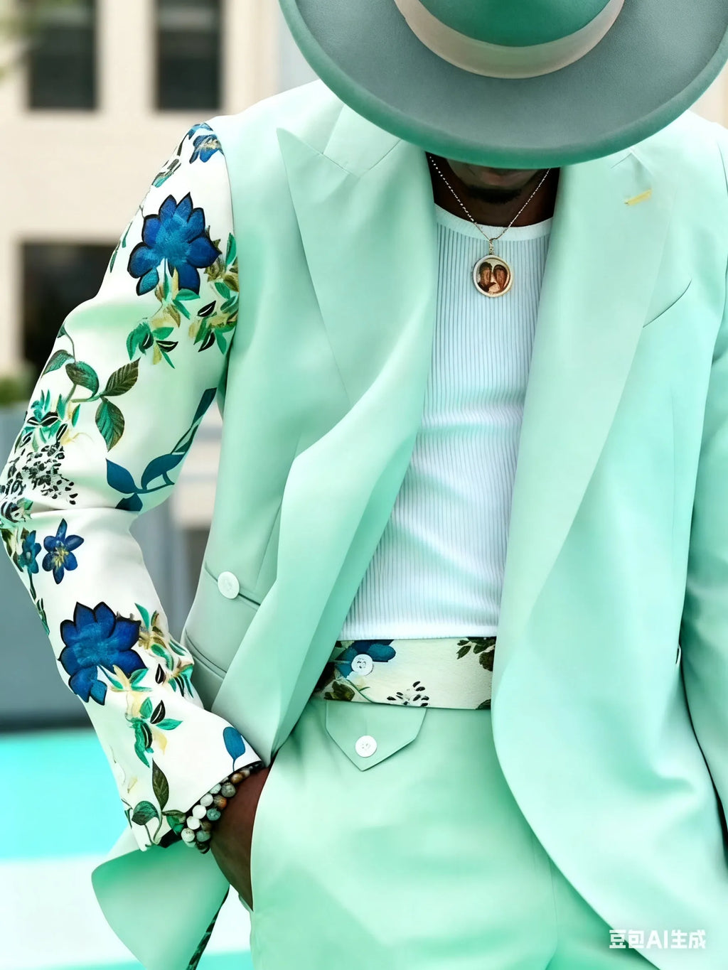 Mint green women's suit with double-breasted blazer and floral print sleeves, paired with ankle-length pants
