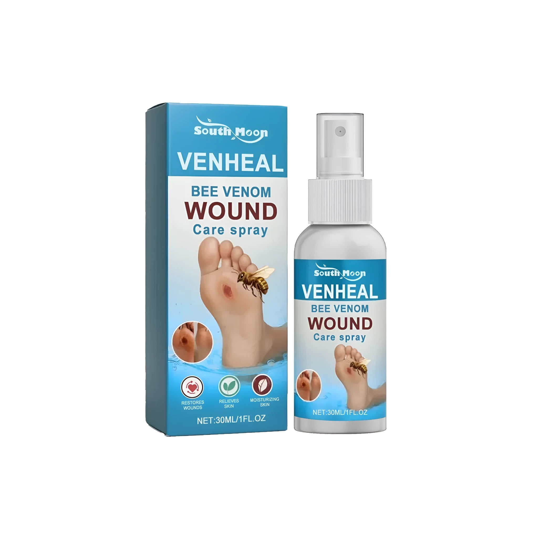 30ml bottle of diabetes wound care spray with herbal ingredients and spray pump cap.