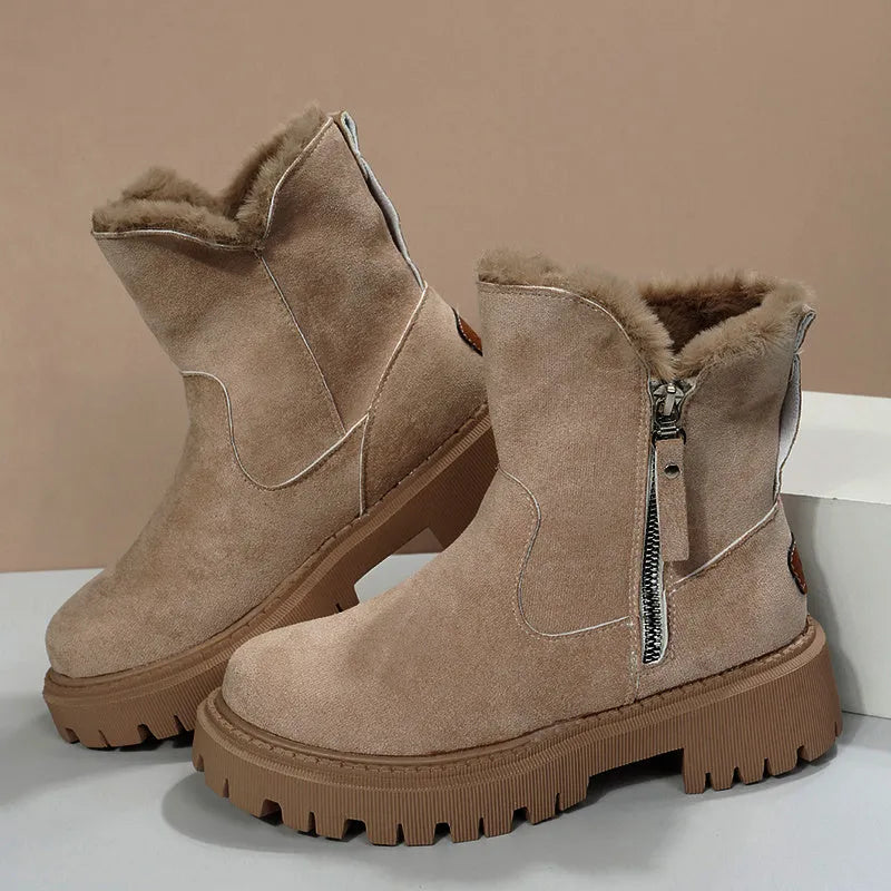 Women's black thick plush snow boots with side zipper and high top design.