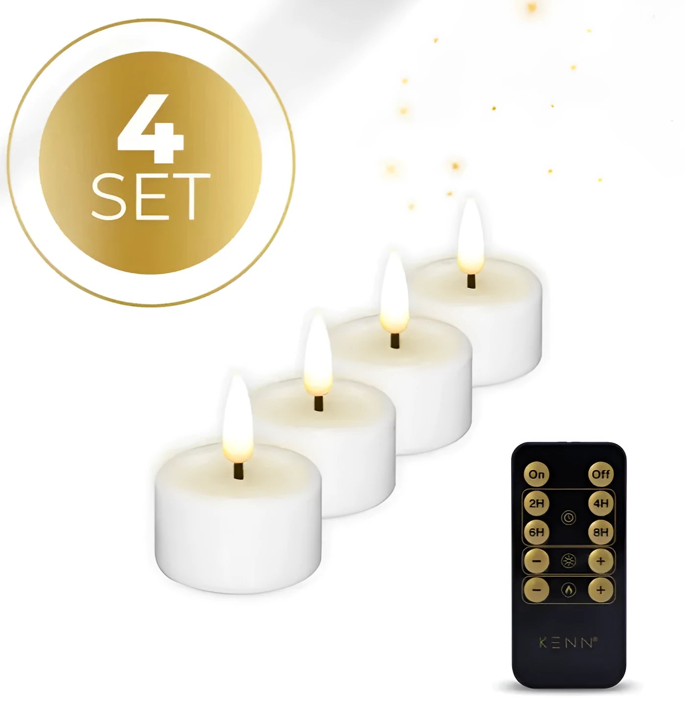 Four white S4 LED tealight candles with flickering flame effect showing dimensions