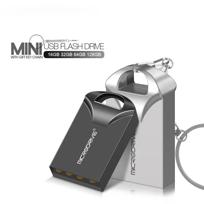 Small black and silver metal USB flash drive showing compact size and USB connector.