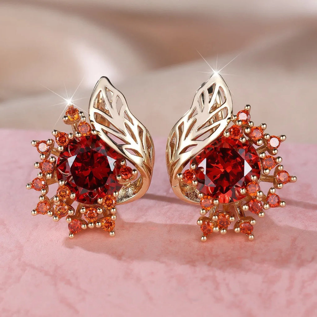 Round floral feather earrings with zircon diamonds in rose gold setting