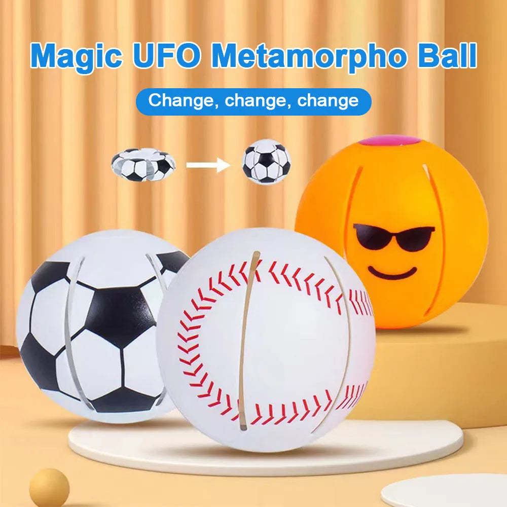 Convertible blue and white plastic dog toy shown as both a bouncy ball and a magic flying disc.