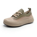 Women's matcha green leather platform sneakers with round toe and lace-up front