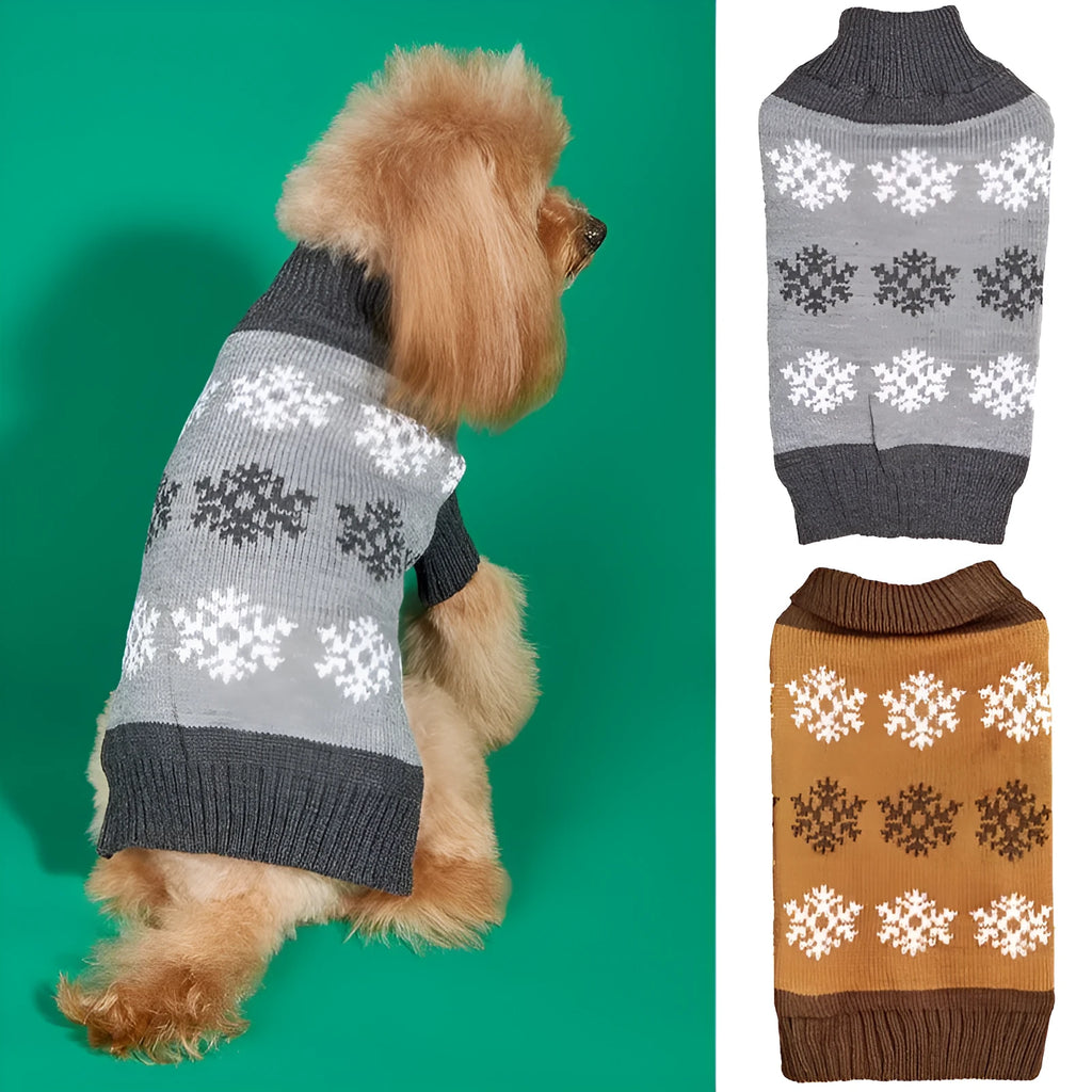 Brown and grey snowflake pattern dog Christmas sweater on pet mannequin showing acrylic knit texture