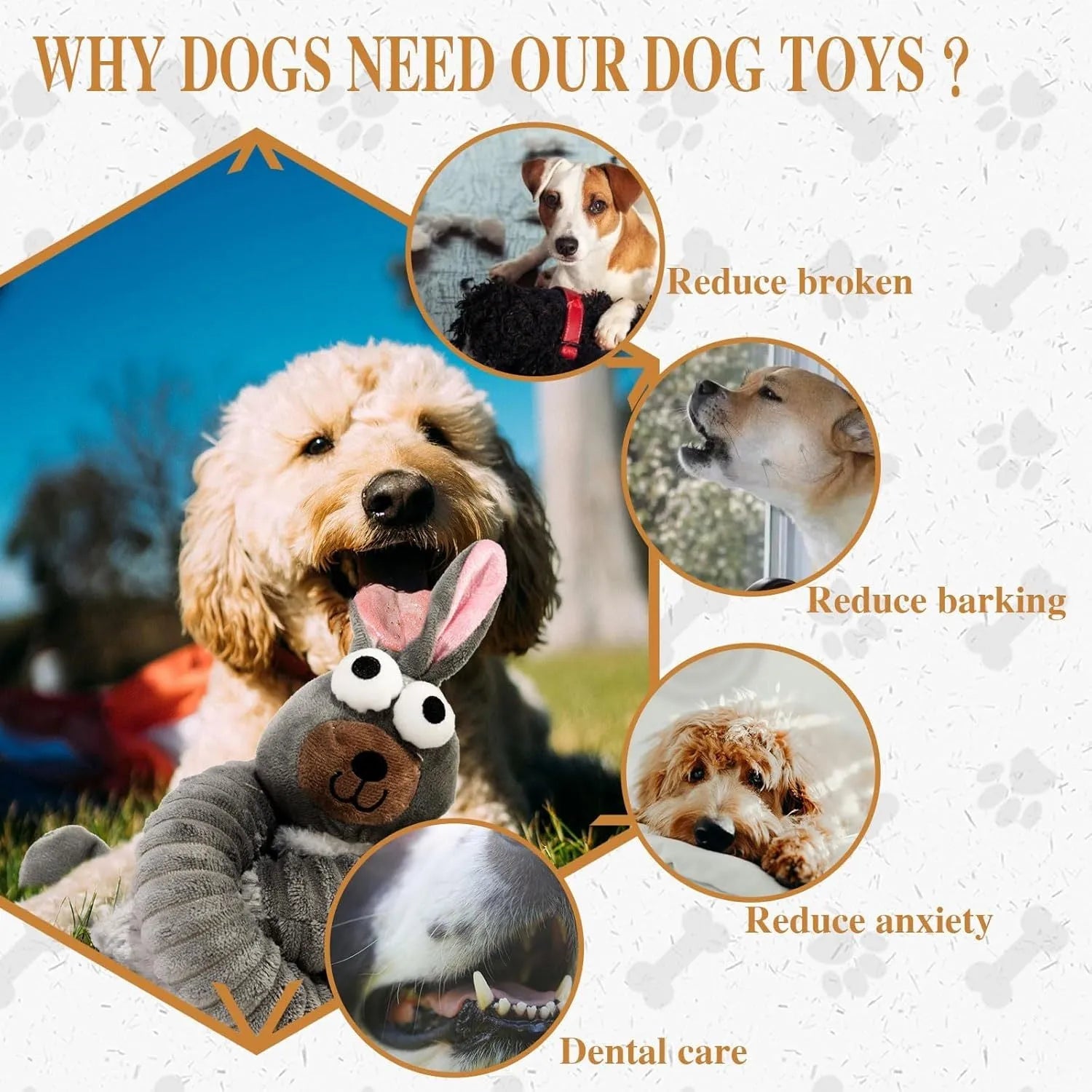 Brown, grey and yellow plush squeaky dog toys with crinkle sounds and foldable design