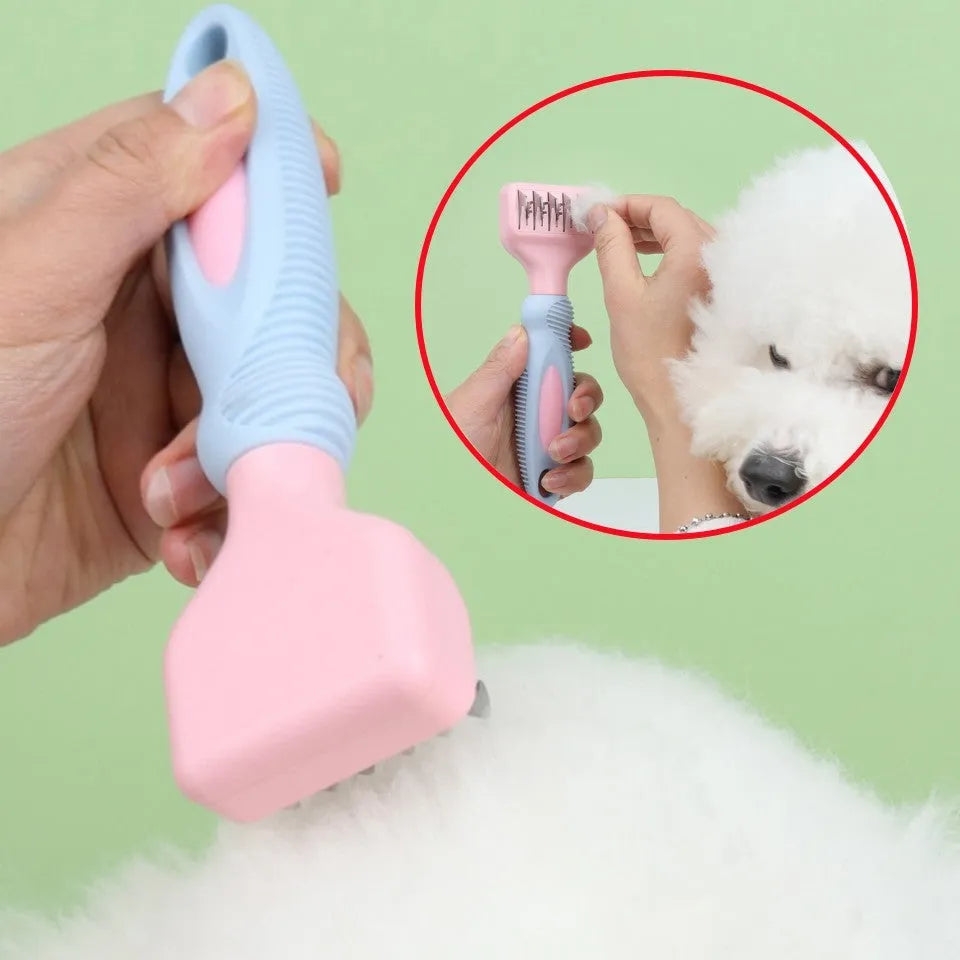 Stainless steel dog comb and knot knife set with massage brush on a pink background
