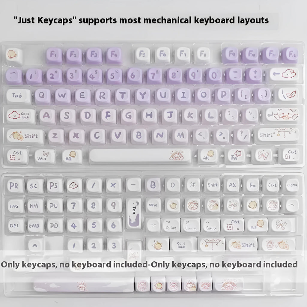 Gradient purple PBT keycap set with rabbit artwork for mechanical keyboard customisation.