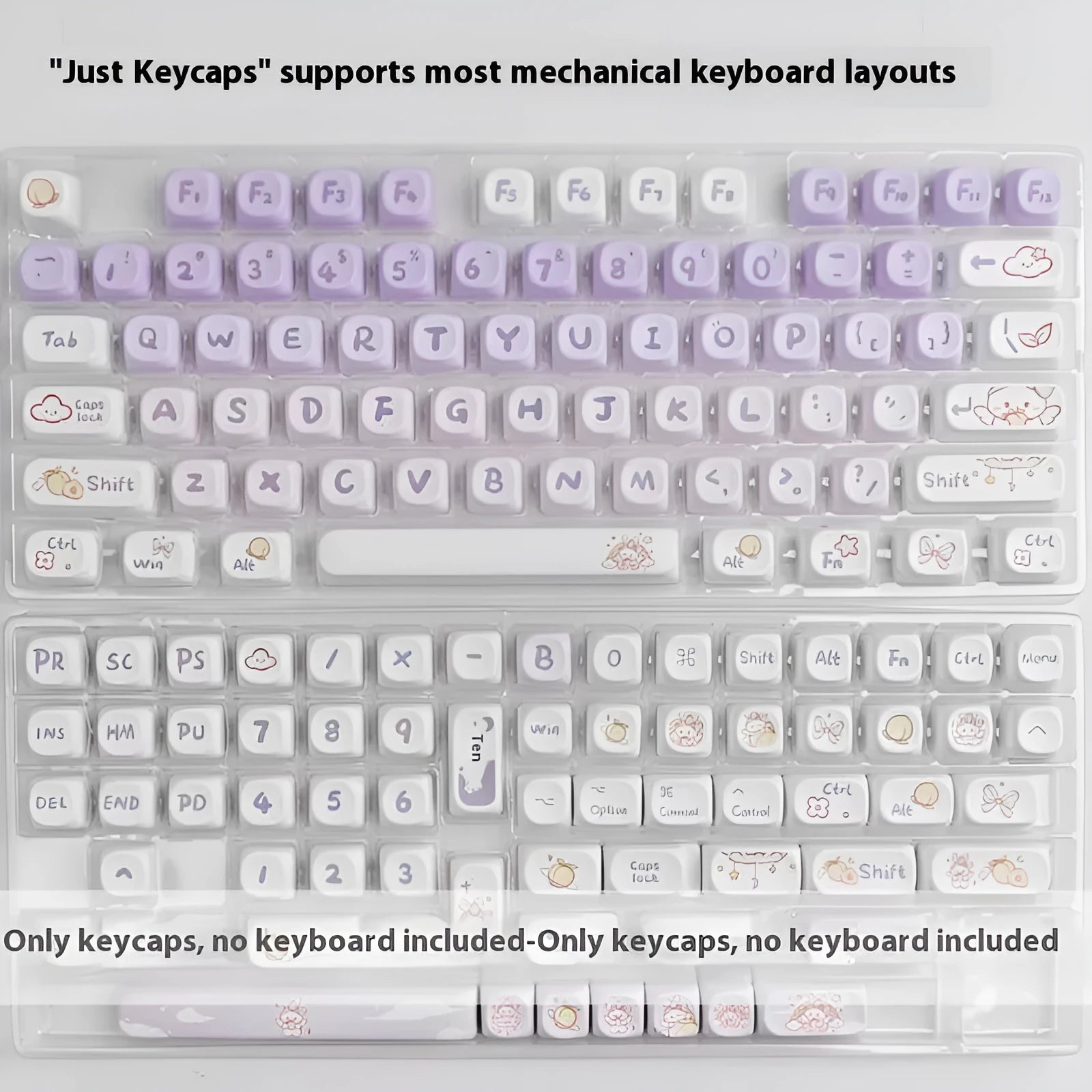 Gradient purple PBT keycap set with rabbit artwork for mechanical keyboard customisation.