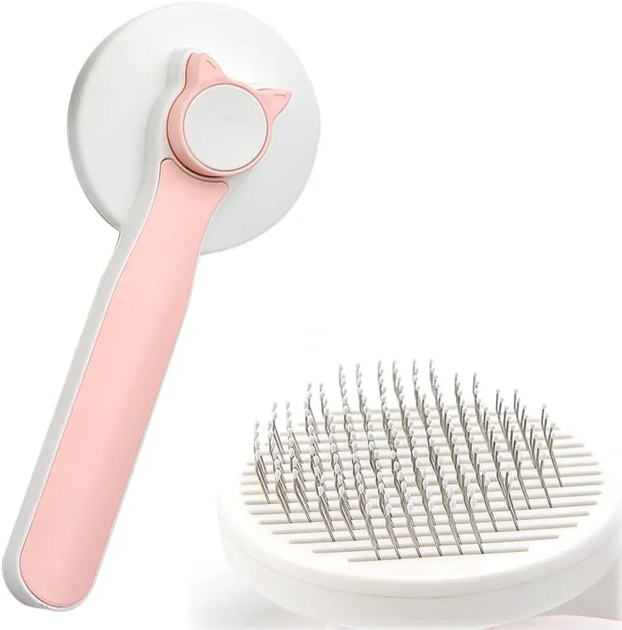 Blue self-cleaning cat grooming brush with rubber-tipped needles and a non-slip handle.