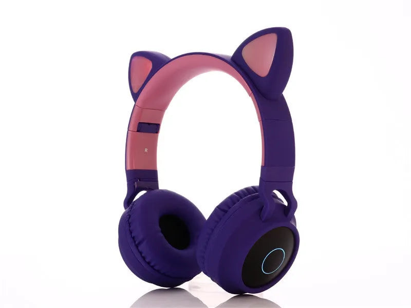 Cartoon cat ears wireless Bluetooth gaming headset showing colour options including pink, light blue, purple, skin tone, and green