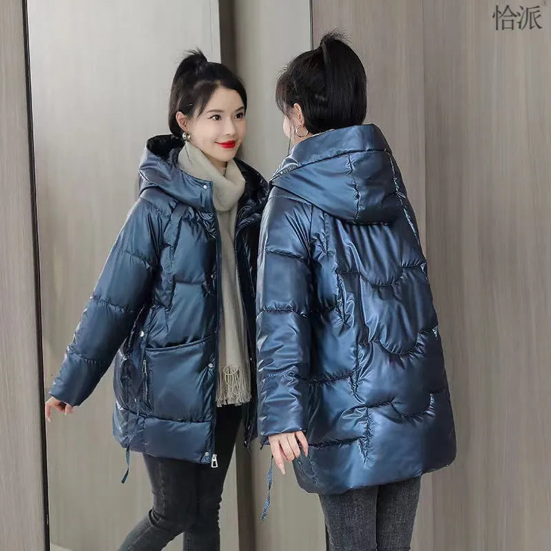 Women's loose thick hooded winter jacket in acrylic blend fabric shown in available colours