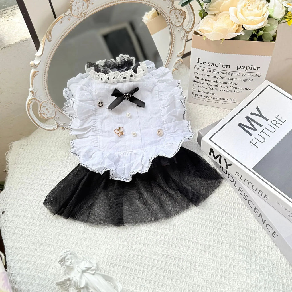 White polyester waltz gauze skirt pet clothing for small dogs in princess style with size measurement chart