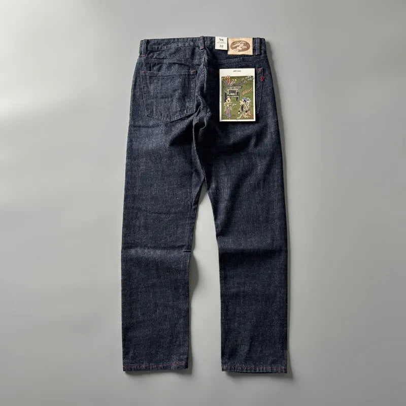 Men's primary colour straight leg jeans with a five-pocket design and mid-rise waist.