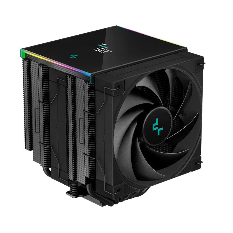 Dual tower CPU air cooler with digital temperature display in black or white finish.