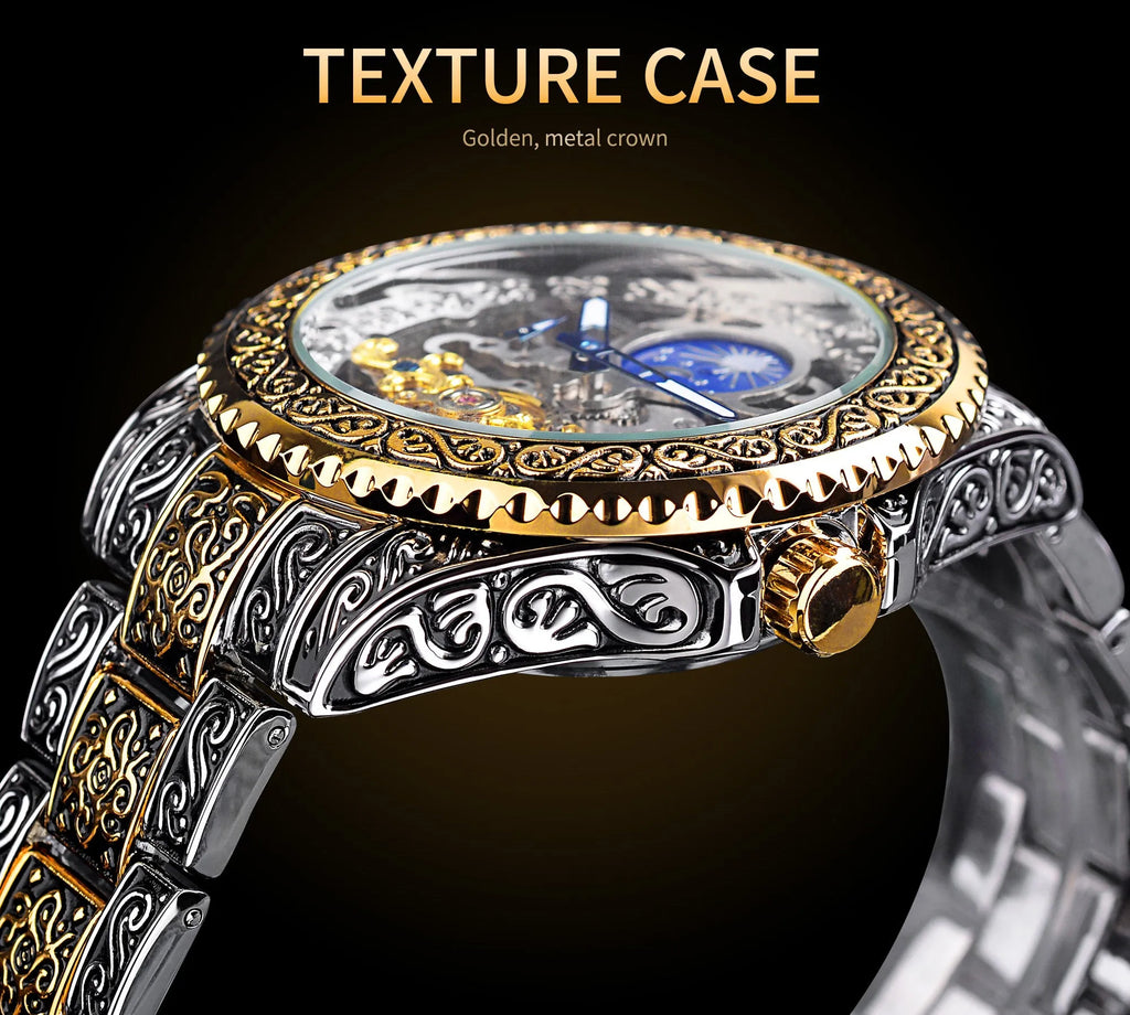 Forsining skeleton automatic mechanical watch with yellow stainless steel case showing visible movement