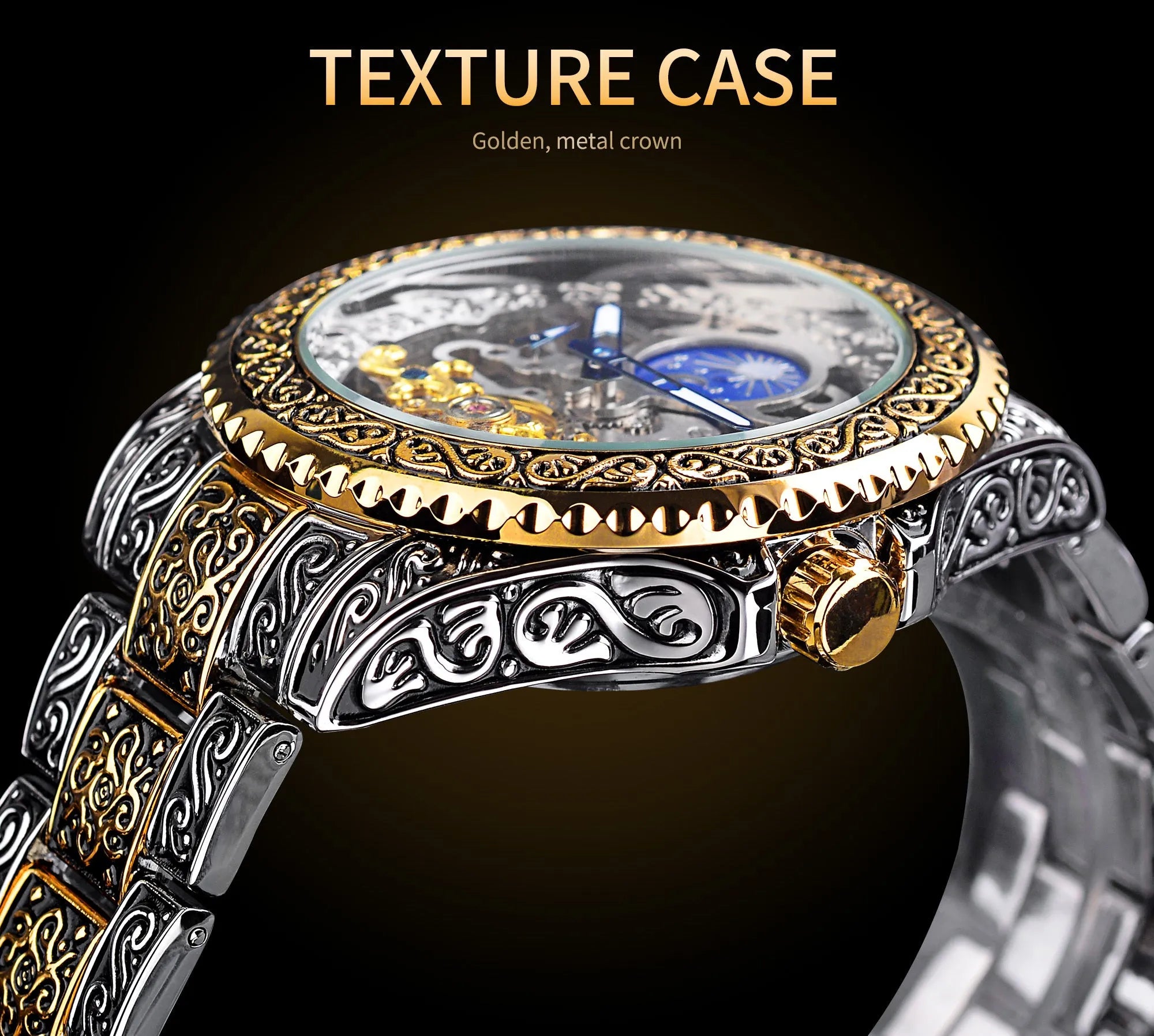 Forsining skeleton automatic mechanical watch with yellow stainless steel case showing visible movement