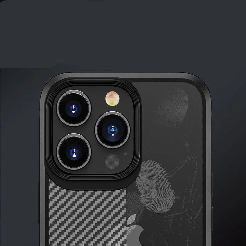 Black iPhone 13 protective case with carbon fibre pattern on a table