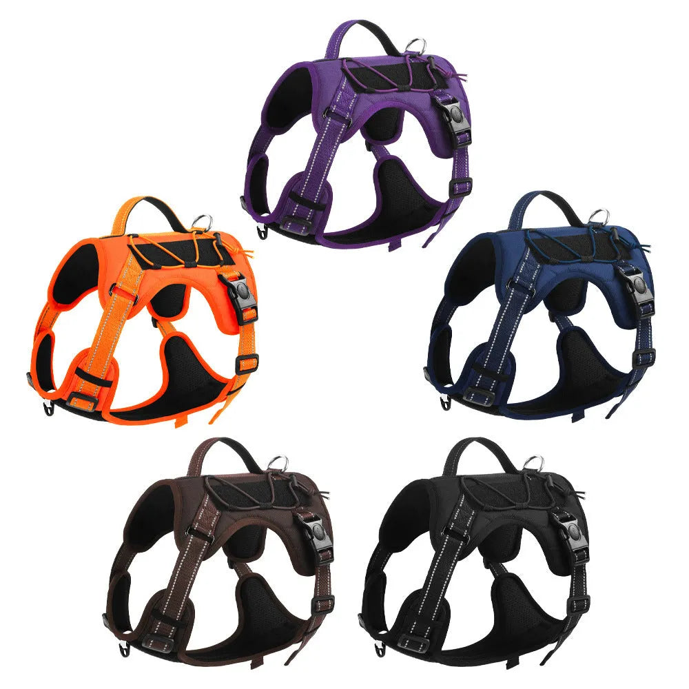 Orange reflective dog vest harness with explosion-proof leash attached, shown on a medium-sized dog.