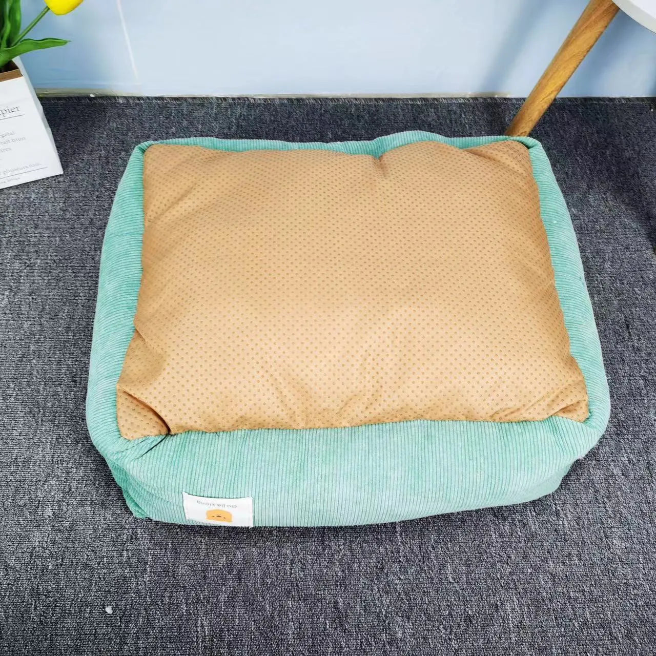 Cotton dog bed with fine velvet surface in Chinese red colour showing 50x40cm size