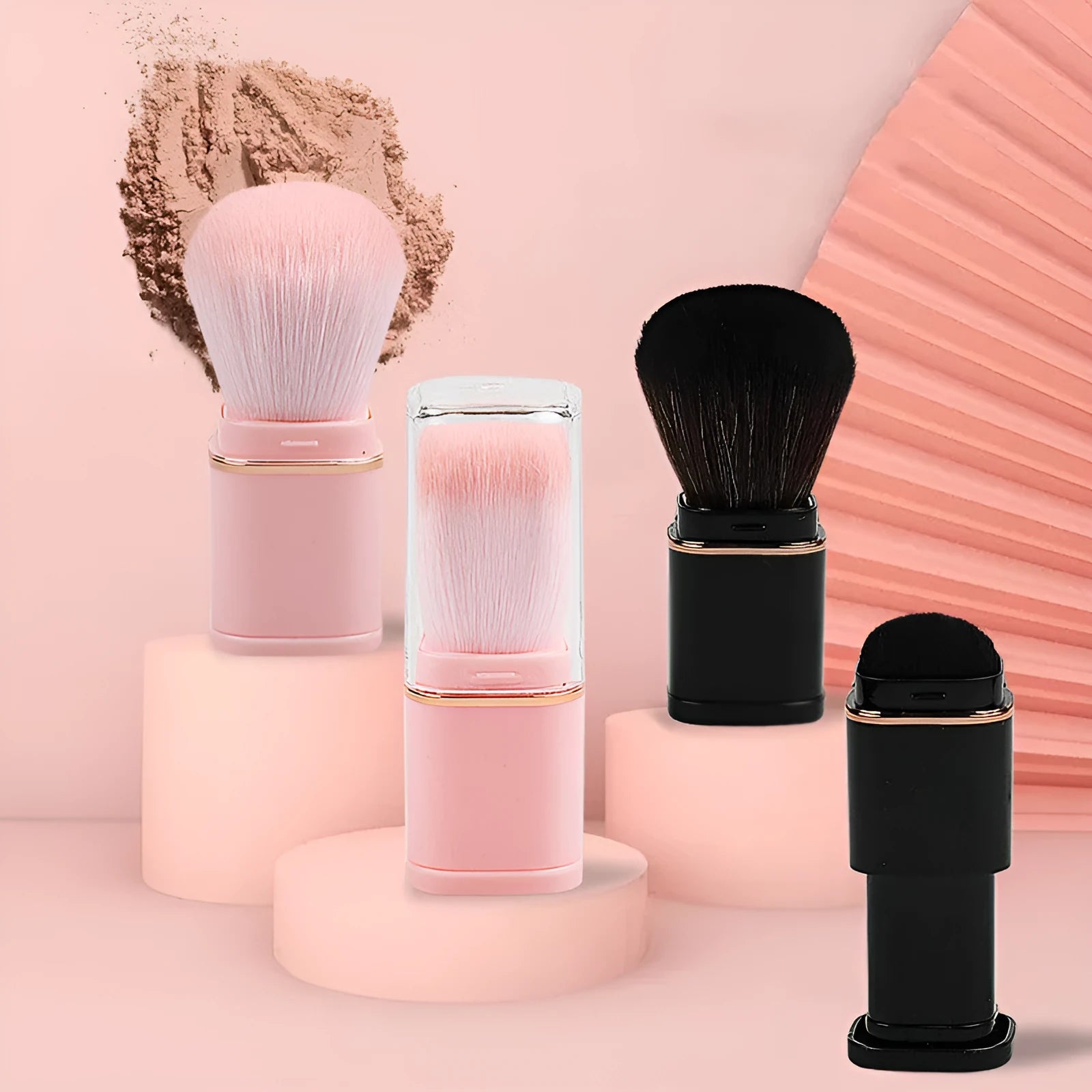 Single head retractable powder blusher brush with artificial fibre bristles, 7cm total length
