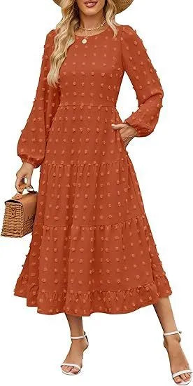 Women's long sleeve autumn dress with ruffle sleeves and high waist in solid colour options