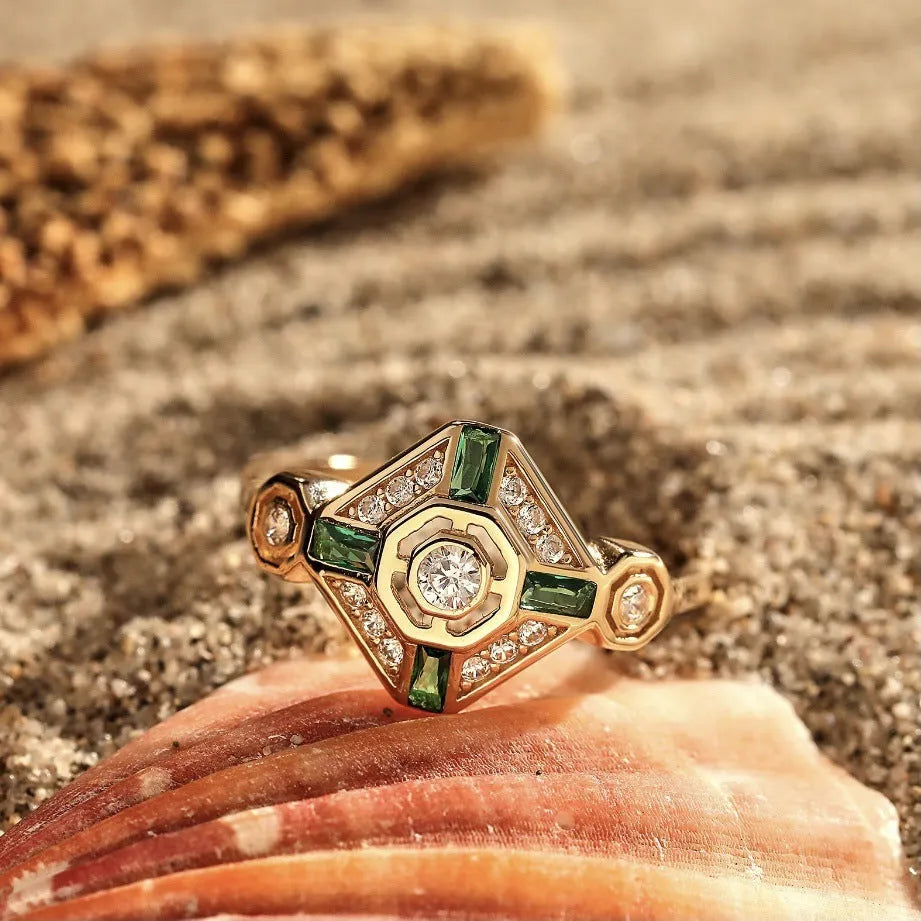 Women's emerald diamond square ring with gem setting and electroplating finish in green colour