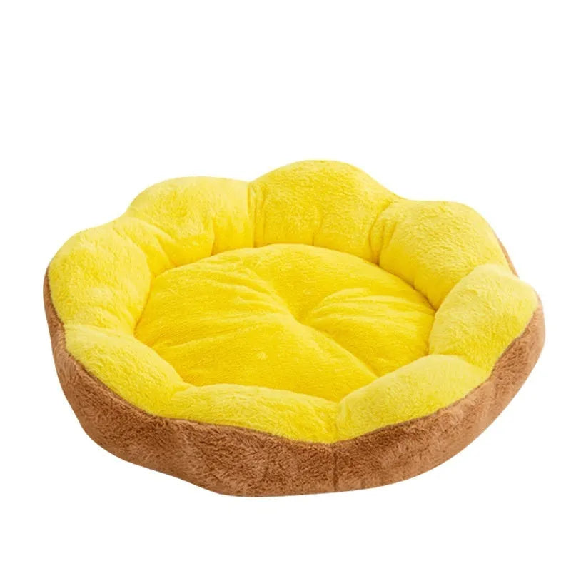 Round rabbit plush pet bed in brown grey colour with detachable washable design and reinforced edges