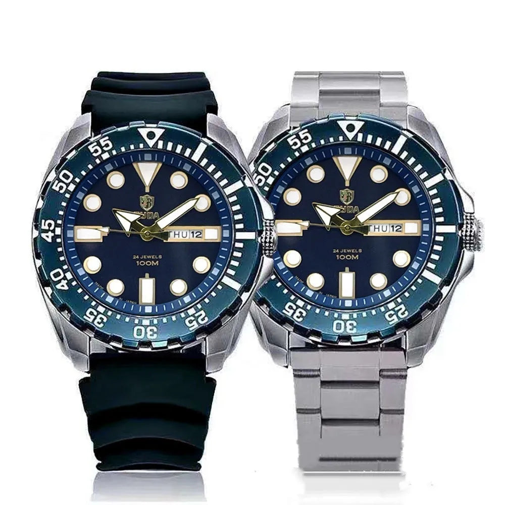Men's waterproof luminous quartz watch with 15mm thickness in blue, silver or black case options