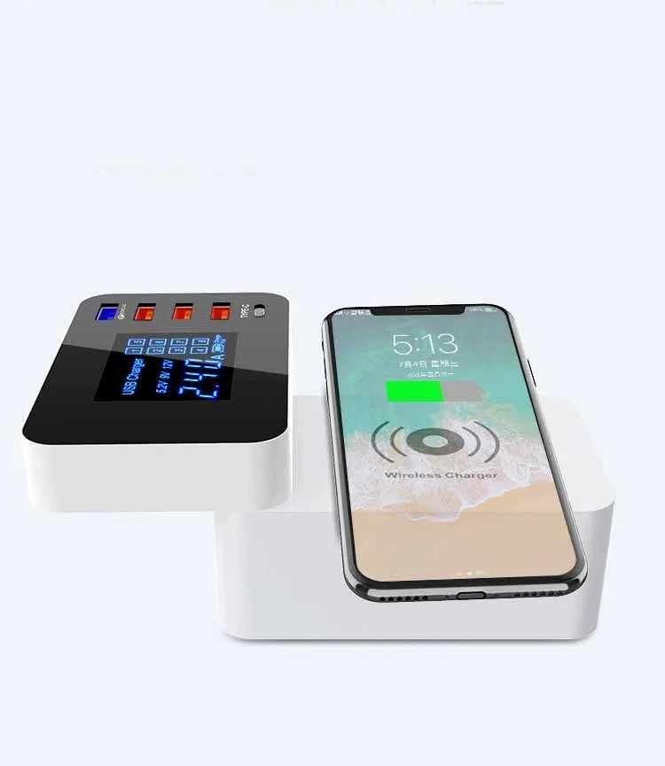 White multi USB and wireless fast charger with UK plug and international travel adaptors