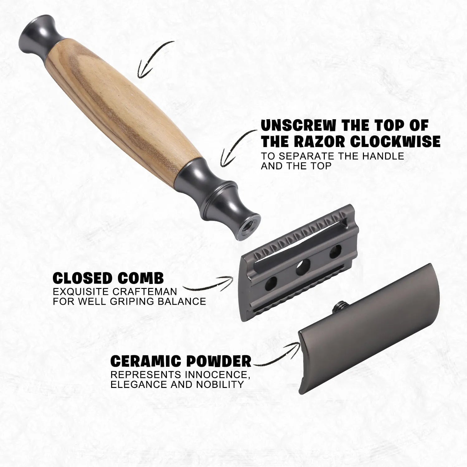Men's copper safety razor with olive wood handle and aluminium alloy razor holder