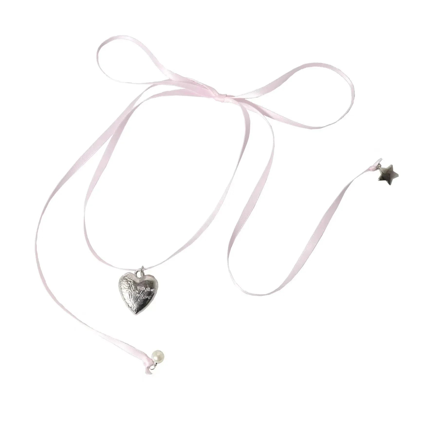 Women's ribbon love pendant fashion necklace in alloy with electroplated finish, clavicle chain length