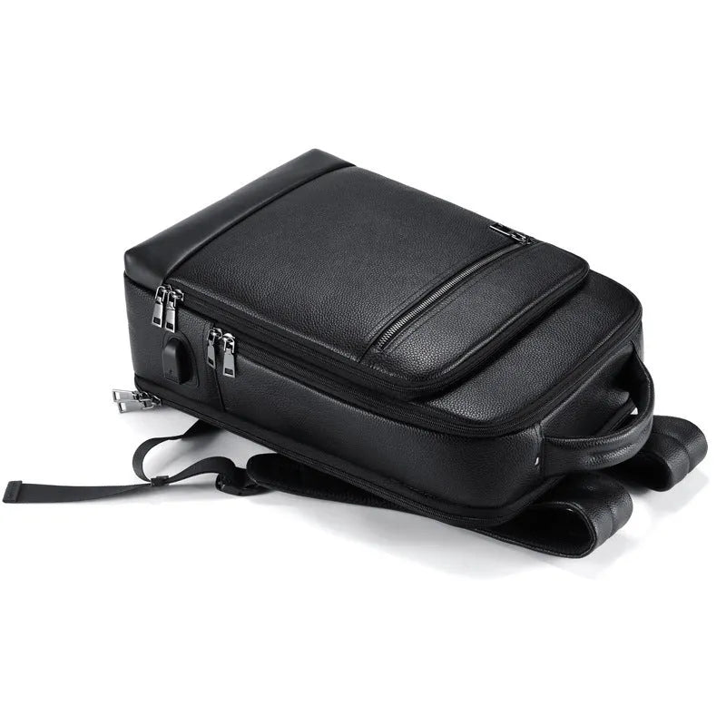 Black leather men's business computer backpack with curved shoulder straps