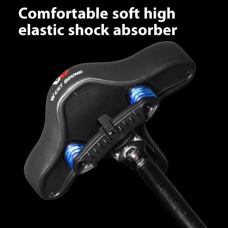 Black bicycle saddle cushion with leather exterior and thickened foam padding for shock absorption