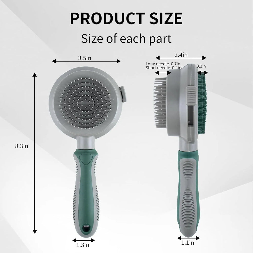 Two-sided pet grooming brush showing slicker brush side and silicone massage side in green colour