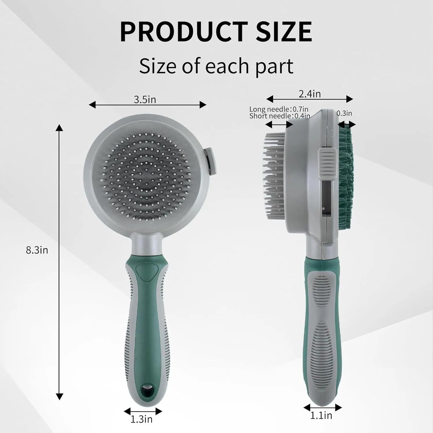 Two-sided pet grooming brush showing slicker brush side and silicone massage side in green colour