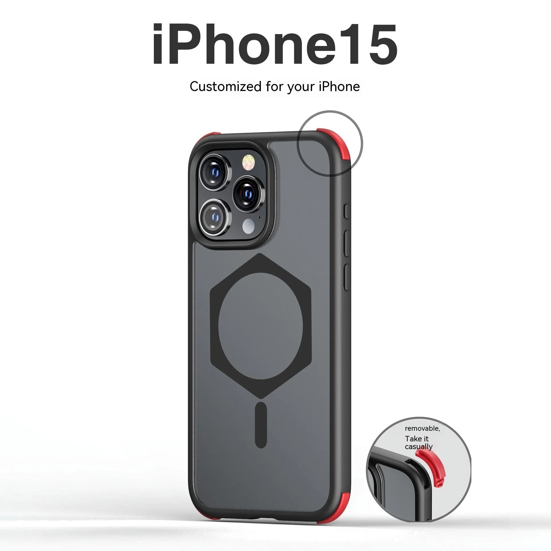 Matte frosted silicone magnetic phone case for Apple iPhone 15 in black with magnetic ring