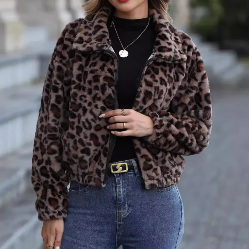 Women's leopard print rabbit fur plush winter coat with zip front and raglan sleeves